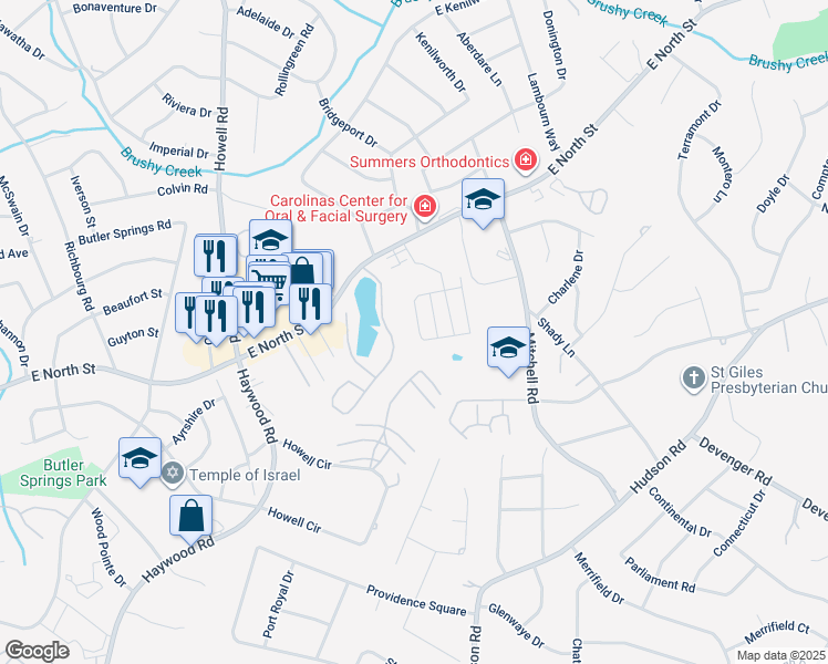 map of restaurants, bars, coffee shops, grocery stores, and more near 350 Juniper Bend Circle in Greenville