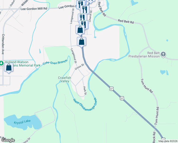 map of restaurants, bars, coffee shops, grocery stores, and more near 90 Park Street in Chickamauga