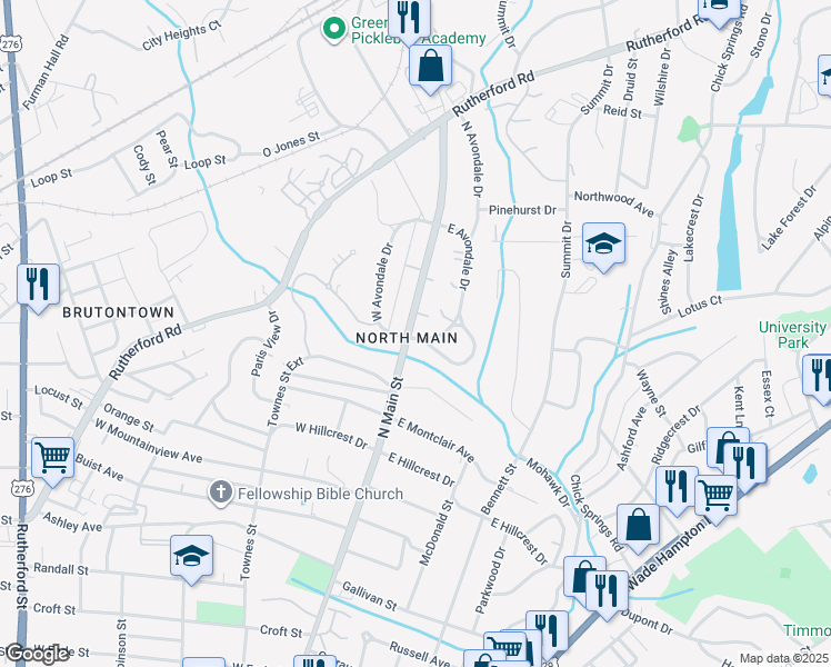 map of restaurants, bars, coffee shops, grocery stores, and more near 1700 North Main Street in Greenville