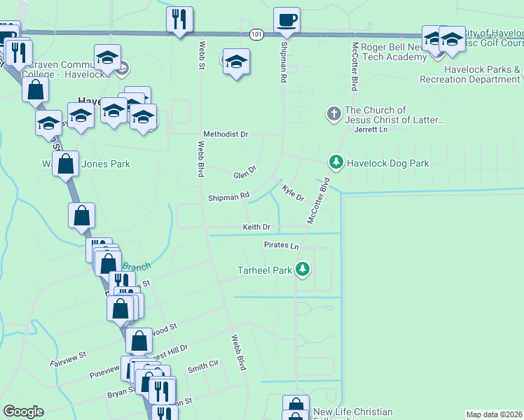 map of restaurants, bars, coffee shops, grocery stores, and more near 127 Morris Court in Havelock