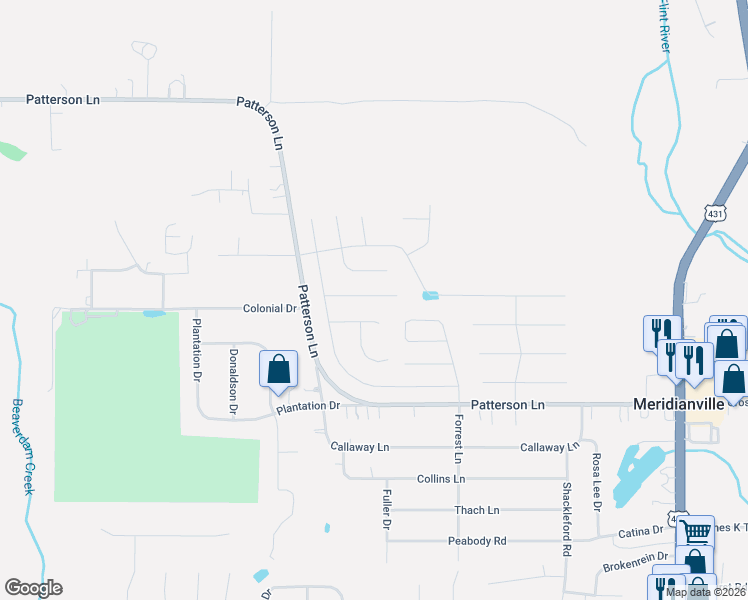 map of restaurants, bars, coffee shops, grocery stores, and more near 558 Patterson Lane in Meridianville