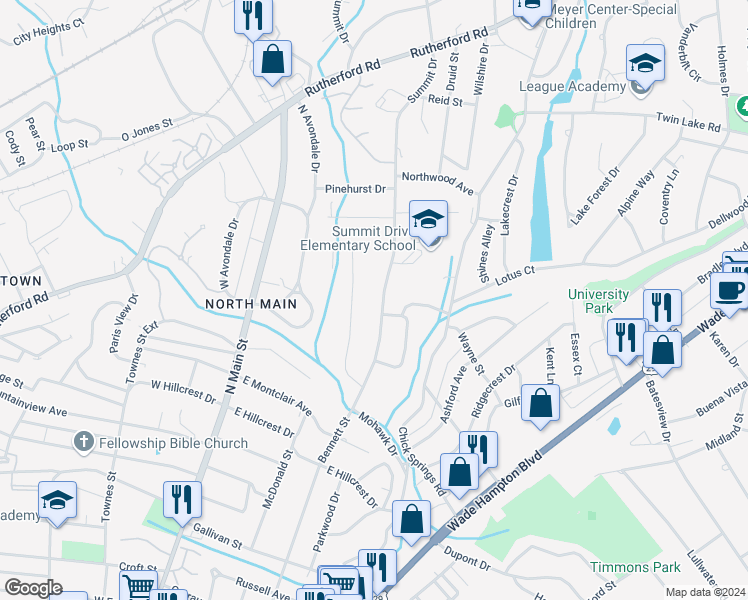 map of restaurants, bars, coffee shops, grocery stores, and more near 405 Summit Drive in Greenville