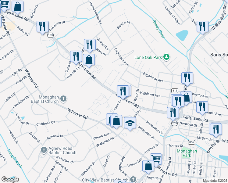 map of restaurants, bars, coffee shops, grocery stores, and more near 1208 Cedar Lane Road in Greenville