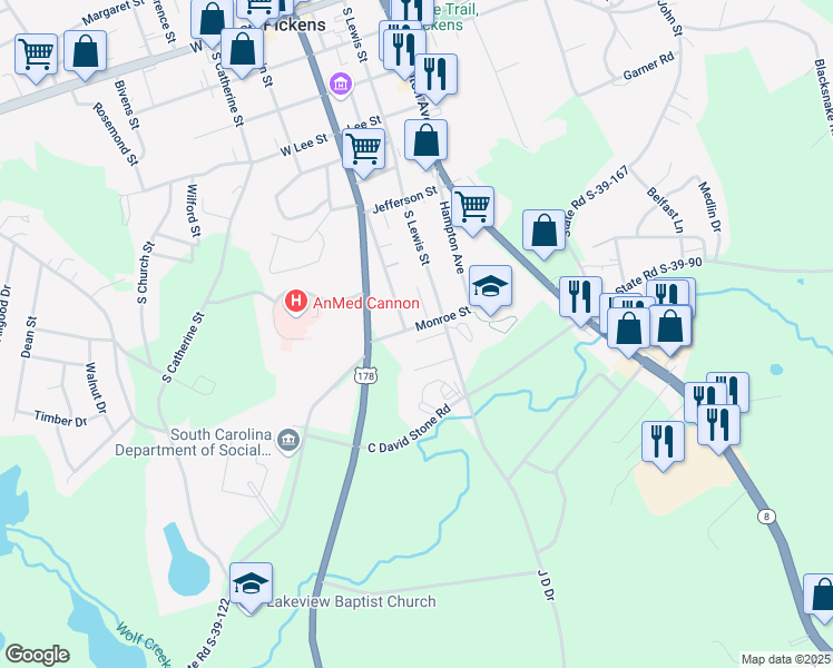 map of restaurants, bars, coffee shops, grocery stores, and more near 114 Pickens Drive in Pickens