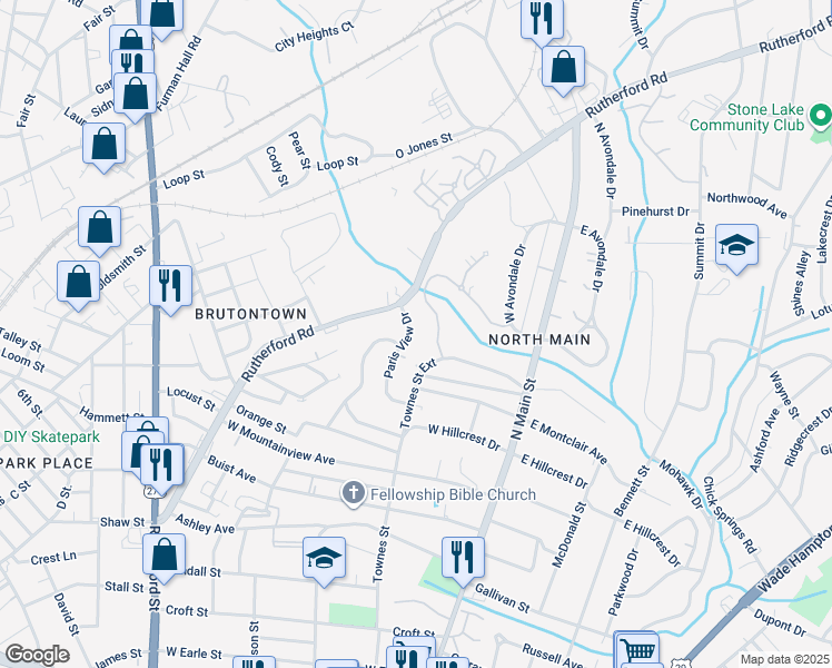 map of restaurants, bars, coffee shops, grocery stores, and more near 106 Paris View Drive in Greenville