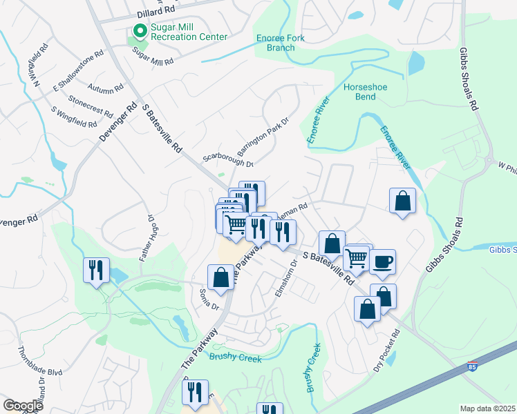 map of restaurants, bars, coffee shops, grocery stores, and more near 8 Bentley Way in Greer