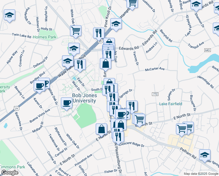 map of restaurants, bars, coffee shops, grocery stores, and more near 1200 North Pleasantburg Drive in Greenville