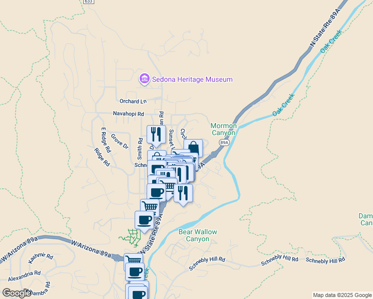 map of restaurants, bars, coffee shops, grocery stores, and more near 10 Sunrise Avenue in Sedona