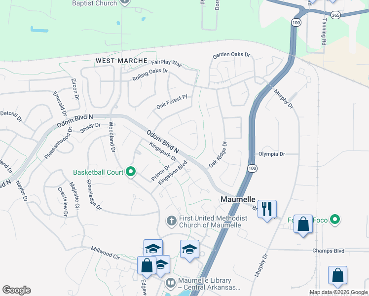 map of restaurants, bars, coffee shops, grocery stores, and more near 35 Oak Forest Loop in Maumelle