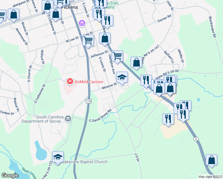 map of restaurants, bars, coffee shops, grocery stores, and more near 35 Northway Drive in Pickens