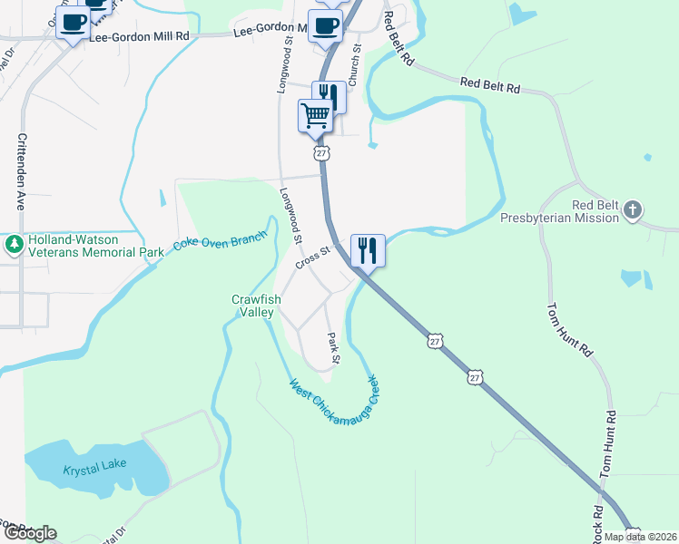 map of restaurants, bars, coffee shops, grocery stores, and more near 111 Park Street in Chickamauga
