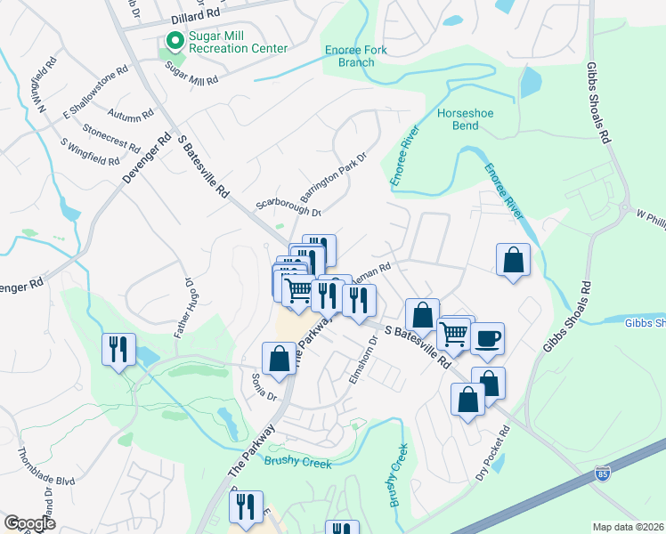 map of restaurants, bars, coffee shops, grocery stores, and more near 2176 East Coleman Road in Greer
