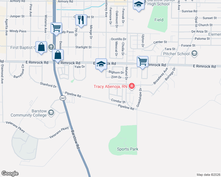 map of restaurants, bars, coffee shops, grocery stores, and more near 2212 Falcon Drive in Barstow