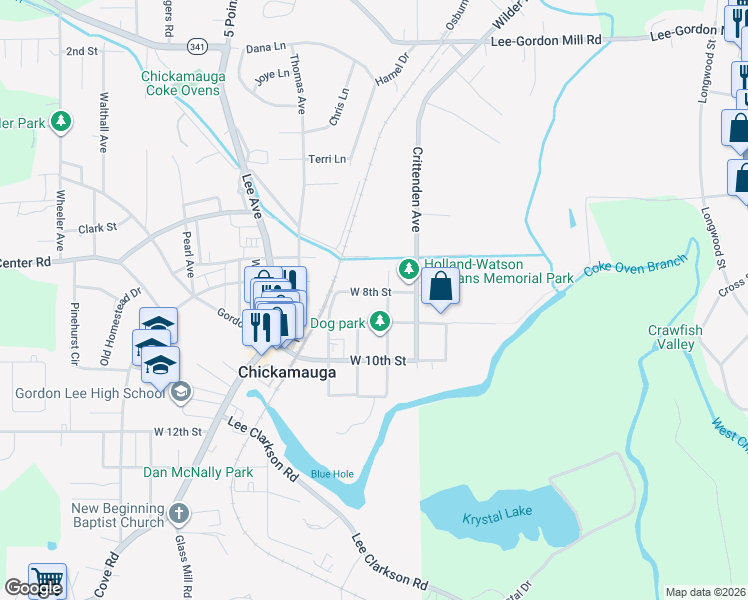 map of restaurants, bars, coffee shops, grocery stores, and more near 301 Lee Avenue in Chickamauga
