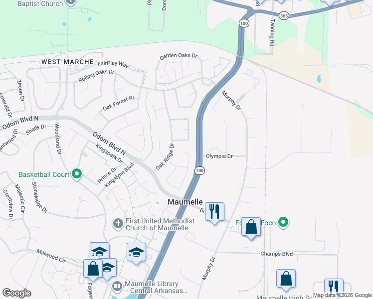 map of restaurants, bars, coffee shops, grocery stores, and more near 116 Pin Oak Cove in Maumelle