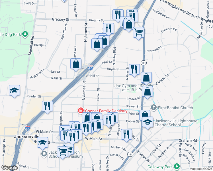 map of restaurants, bars, coffee shops, grocery stores, and more near 513 West Martin Street in Jacksonville