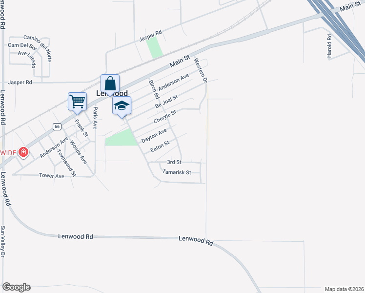 map of restaurants, bars, coffee shops, grocery stores, and more near 34249 Birch Road in Barstow