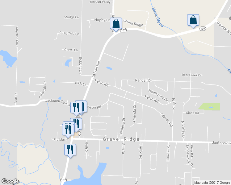 map of restaurants, bars, coffee shops, grocery stores, and more near 7328 Gibson Road in Jacksonville