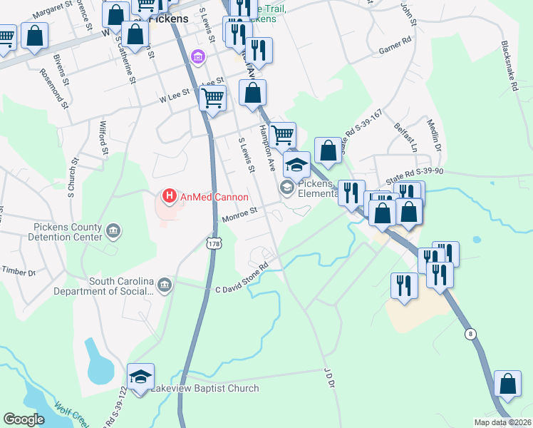 map of restaurants, bars, coffee shops, grocery stores, and more near 116 Northway Drive in Pickens