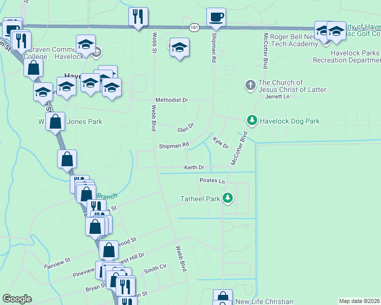 map of restaurants, bars, coffee shops, grocery stores, and more near 127 Morris Court in Havelock
