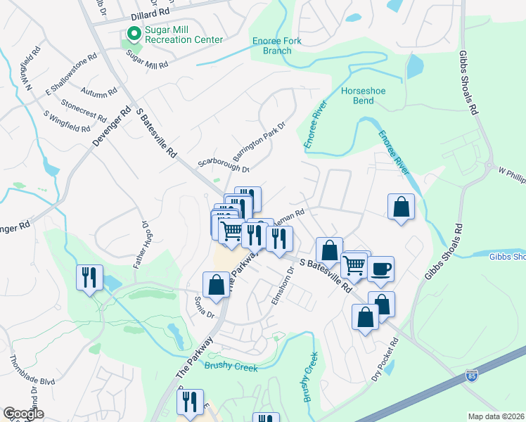 map of restaurants, bars, coffee shops, grocery stores, and more near 2176 East Coleman Road in Greer