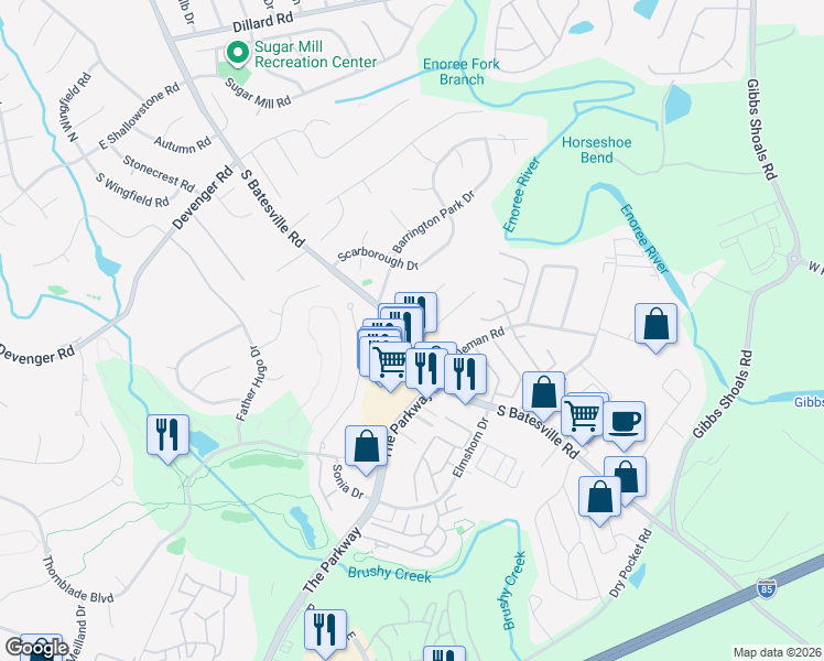 map of restaurants, bars, coffee shops, grocery stores, and more near 13 Crimson Court in Greer