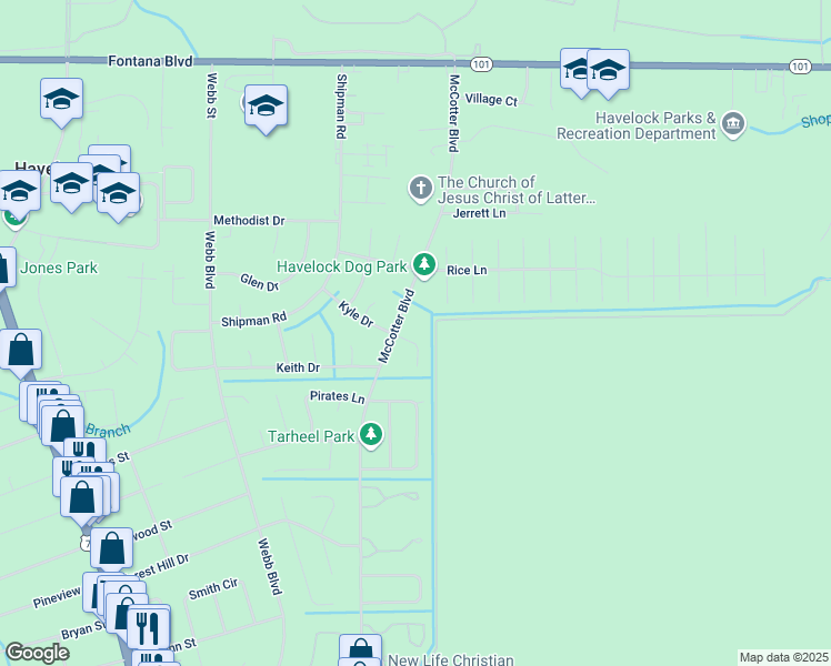map of restaurants, bars, coffee shops, grocery stores, and more near 307 Kyle Drive in Havelock