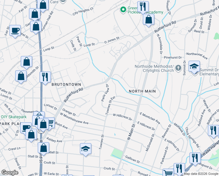 map of restaurants, bars, coffee shops, grocery stores, and more near 101 Paris View Drive in Greenville