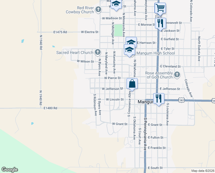 map of restaurants, bars, coffee shops, grocery stores, and more near 424 West Jefferson Street in Mangum
