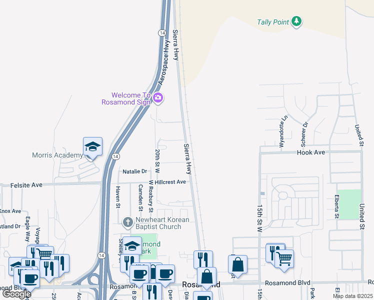 map of restaurants, bars, coffee shops, grocery stores, and more near Sierra Highway in Rosamond