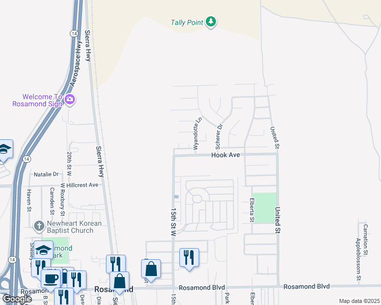 map of restaurants, bars, coffee shops, grocery stores, and more near 1408 Sweetgum Avenue in Rosamond
