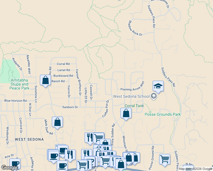 map of restaurants, bars, coffee shops, grocery stores, and more near 695 Mountain Shadows Drive in Sedona