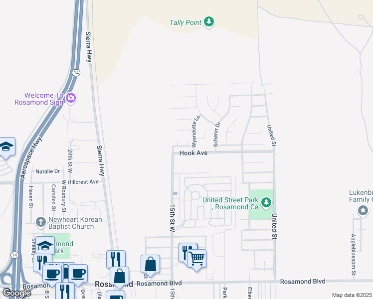 map of restaurants, bars, coffee shops, grocery stores, and more near 1416 Sweetgum Avenue in Rosamond