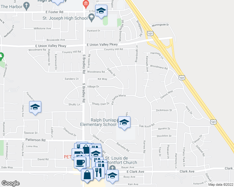 map of restaurants, bars, coffee shops, grocery stores, and more near 4444 Via Santa Maria in Santa Maria