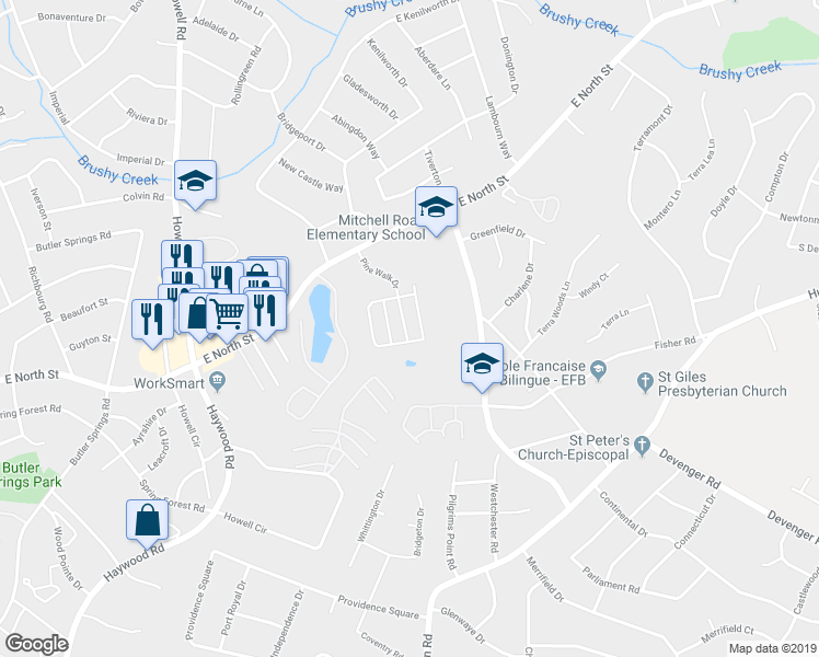 map of restaurants, bars, coffee shops, grocery stores, and more near 427 Cedar Pines Drive in Greenville