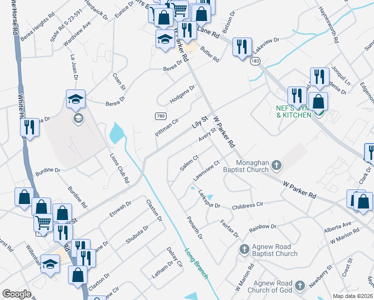 map of restaurants, bars, coffee shops, grocery stores, and more near 8 Salem Court in Greenville