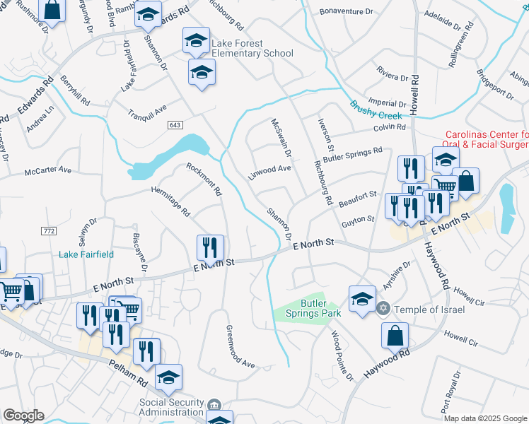 map of restaurants, bars, coffee shops, grocery stores, and more near 408 Shannon Drive in Greenville