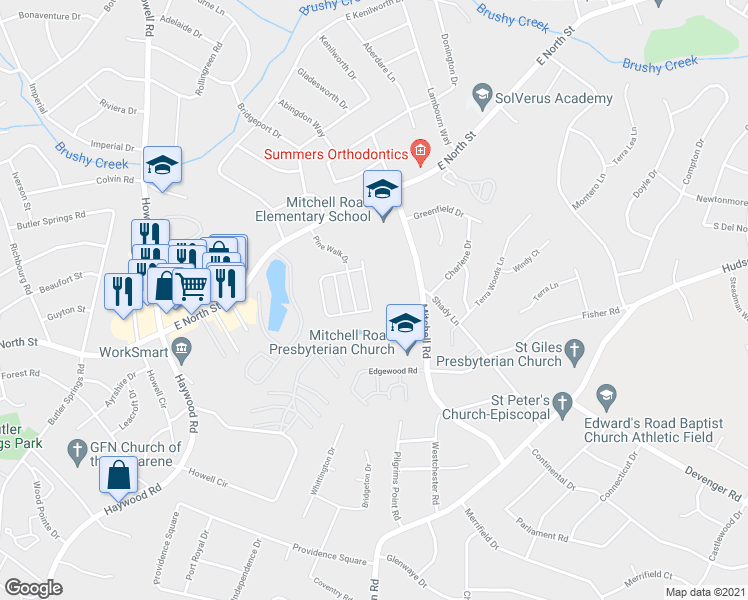 map of restaurants, bars, coffee shops, grocery stores, and more near 247 Cedar Crossing Lane in Greenville