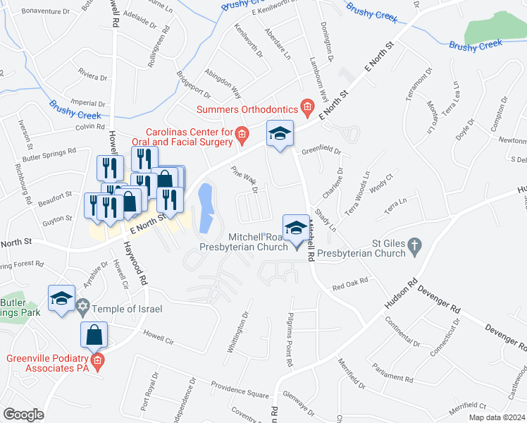 map of restaurants, bars, coffee shops, grocery stores, and more near 121 Pine Walk Drive in Greenville
