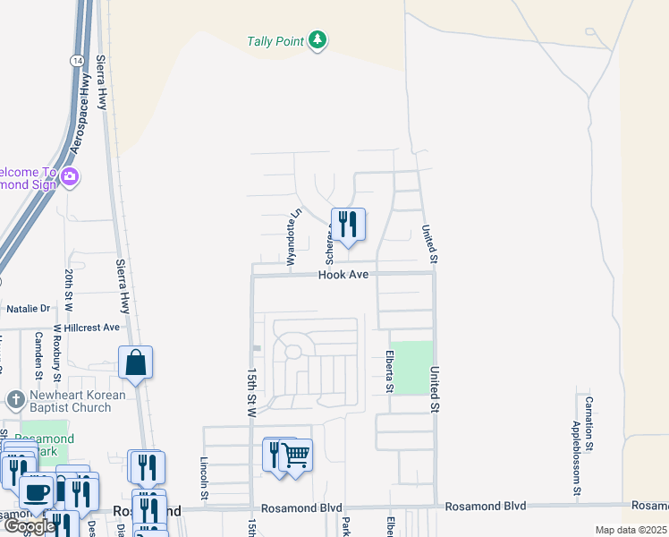 map of restaurants, bars, coffee shops, grocery stores, and more near 1248 Oakwood Lane in Rosamond