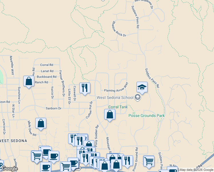 map of restaurants, bars, coffee shops, grocery stores, and more near 365 Last Wagon Drive in Sedona