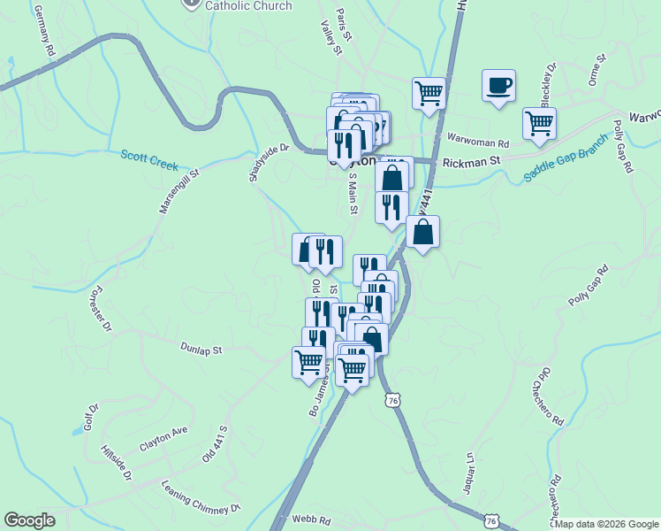 map of restaurants, bars, coffee shops, grocery stores, and more near 335 South Main Street in Clayton