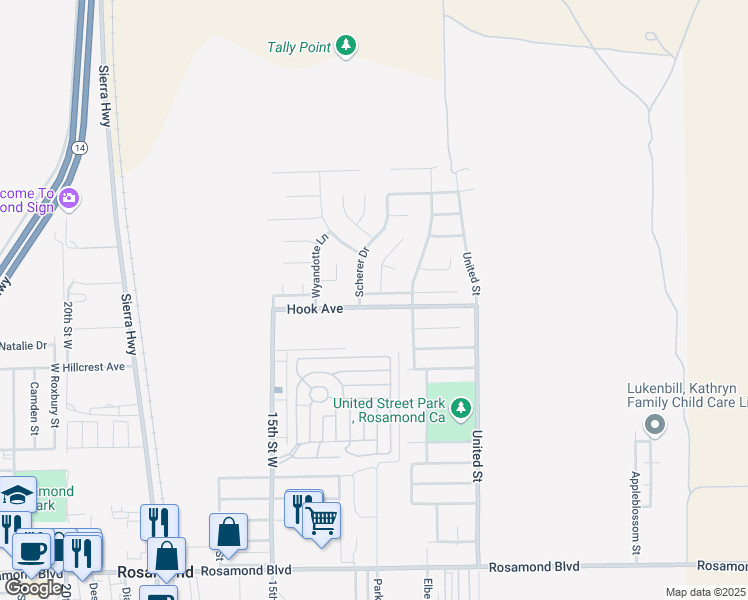 map of restaurants, bars, coffee shops, grocery stores, and more near 1232 Oakwood Lane in Rosamond