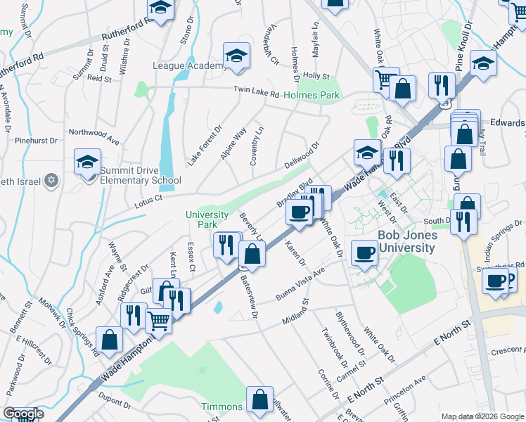 map of restaurants, bars, coffee shops, grocery stores, and more near 110 Bradley Boulevard in Greenville