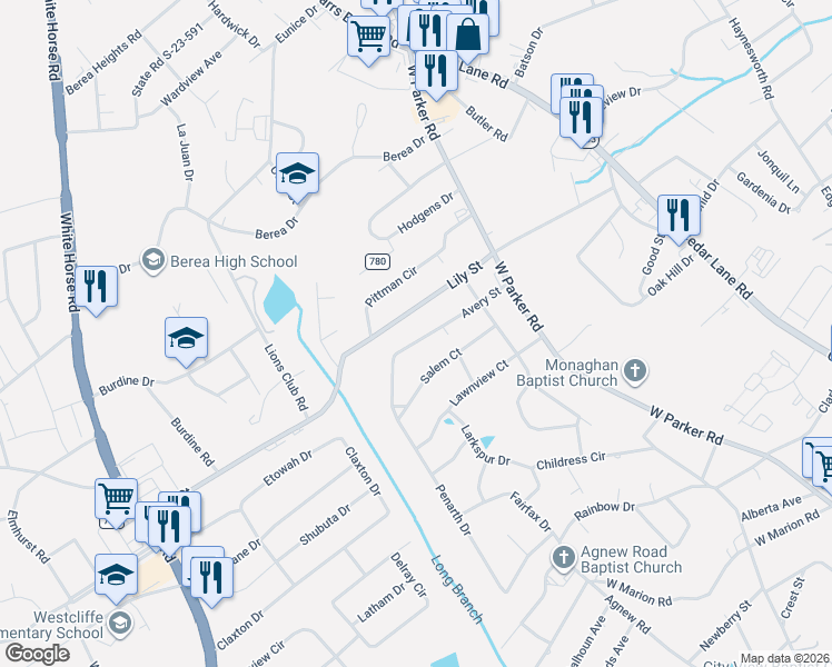 map of restaurants, bars, coffee shops, grocery stores, and more near 115 Avery Street in Greenville