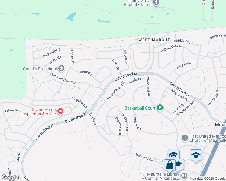 map of restaurants, bars, coffee shops, grocery stores, and more near 121 Pleasantwood Drive in Maumelle