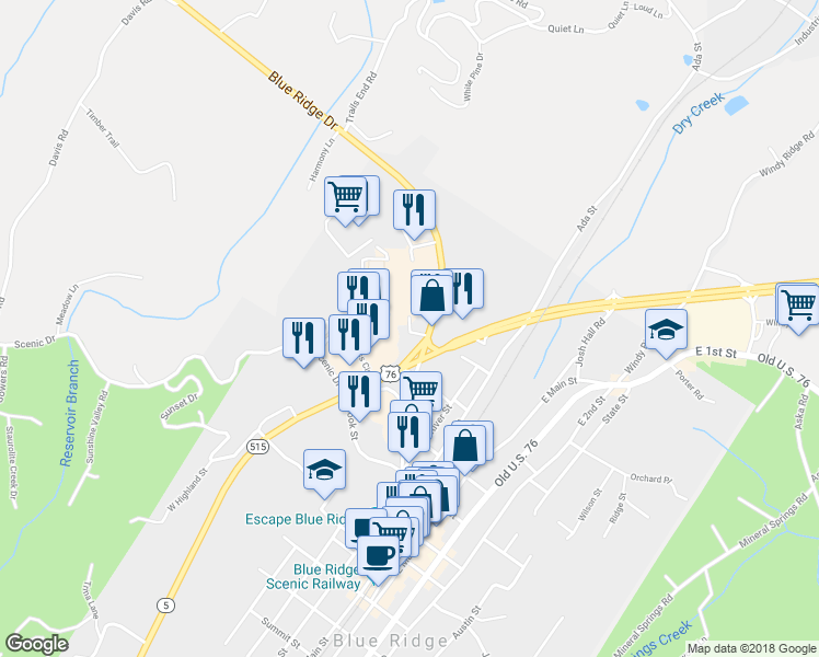 map of restaurants, bars, coffee shops, grocery stores, and more near 148 West Fain Street in Blue Ridge