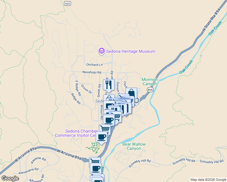 map of restaurants, bars, coffee shops, grocery stores, and more near 450 Peach Lane in Sedona