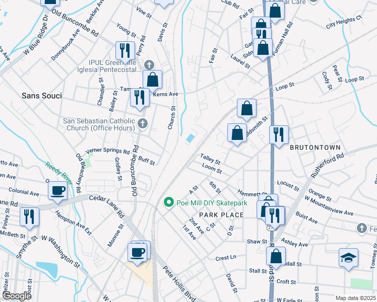 map of restaurants, bars, coffee shops, grocery stores, and more near 300 Hammett Street in Greenville