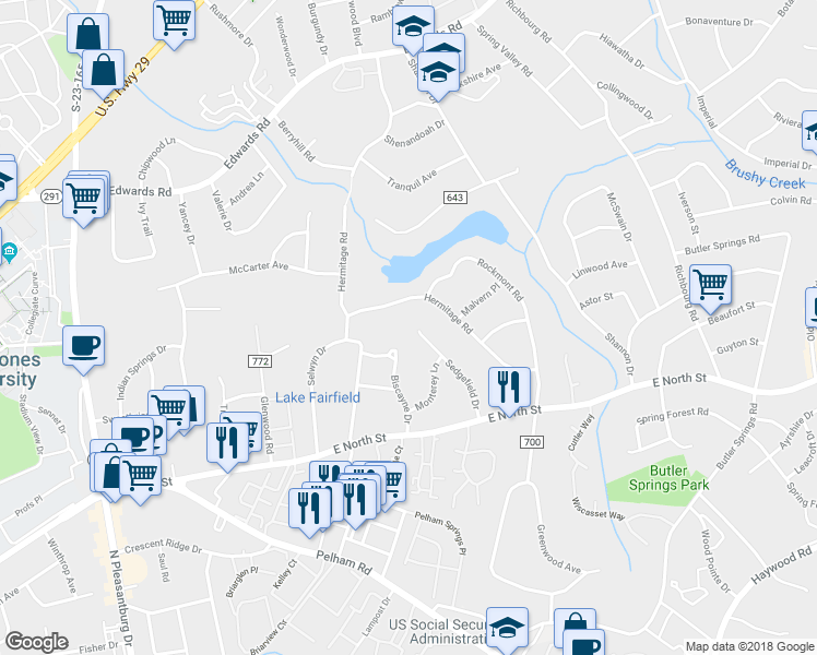 map of restaurants, bars, coffee shops, grocery stores, and more near 107 Sedgefield Drive in Greenville